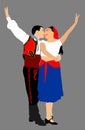 Couple in love kissing and dancing in folklore traditional dresses vector isolated. Balkan Dancers, folk dance in East Europe. Royalty Free Stock Photo