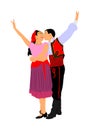 Couple in love kissing and dancing in folklore traditional dresses vector isolated on white. Balkan Dancers, folk dance in East Eu