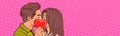 Couple In Love Kissing Hollding Heart Shape Over Retro Pop Art Background With Copy Space Horizontal Banner
