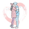 Couple in love. Kissing man and woman in winter clothes. Vector illustration for a card or poster.