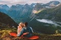 Couple in love kissing traveling together romantic vacations outdoor man and woman hiking in mountains Royalty Free Stock Photo