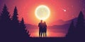 Couple in love by the lake romantic full moon and starry sky Royalty Free Stock Photo