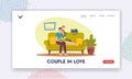 Couple in Love Landing Page Template. Characters Dating, Spare Time Leisure. Loving People Hug Sitting on Couch at Home
