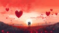 Couple in love looking at the sunrise on background of floating hearts Royalty Free Stock Photo