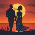 A couple in love looks at the sunset. People silhouette back standing enjoying sunset view on tropical vacation