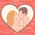 Couple In Love, Lovers Beautiful Man And Woman Hugging And Kiss In Shape Of Pink Heart, On Scarlet Background With Inscriptions I