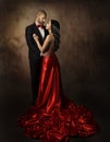 Couple in Love, Lovers Woman and Man, Glamour Classic Suit and Dress with Long Tail, Fashion Beauty Portrait of Young Models