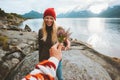 Couple in love man hand giving bouquet flowers to woman travel lifestyle romantic vacations Royalty Free Stock Photo