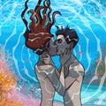 Couple in love man and woman kiss underwater in the sea
