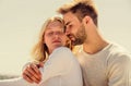 Couple in love. Man and woman sunny day outdoors. True love. Tenderness concept. Enjoy every moment. Peaceful romantic Royalty Free Stock Photo