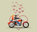 Couple in love on a motorcycle together on the background of hearts. Love concept. vector.