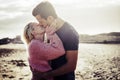 Couple in love outdoor on the beach during vacation in tenerife Royalty Free Stock Photo