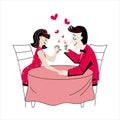 A couple in love at a party at a retro style table with a heart in the background. Minimalism. Template for Royalty Free Stock Photo