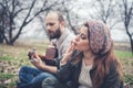 Couple in love playing serenade with guitar Royalty Free Stock Photo