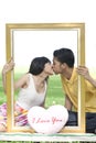 Couple in love with rectangle frame