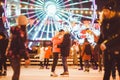 Couple in Love. Romantic Characters for Feast of Saint Valentine. True love. Happy Couple Having Fun at city ice rink in the Royalty Free Stock Photo