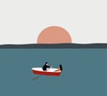 Couple in love rowing boat on the lake during sunset. Vector Illustration Romance Boat Ride Cartoon.