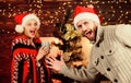 couple in love santa hat. Time for presents. woman and man love xmas. merry christmas. Family drink wine. happy new year Royalty Free Stock Photo