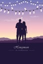 Couple in love silhouette honeymoon concept with fairy light on purple landscape