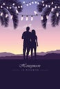 Couple in love silhouette honeymoon concept with fairy light on purple landscape