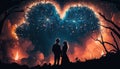 couple in love silhouettes on the background of fireworks .Generative AI