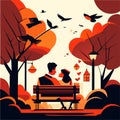 couple in love sitting on bench in autumn city park vector illustration Generative AI