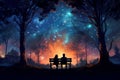 Couple in love sitting on bench in woods under starry sky.