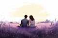 Couple in love sitting on lavender field, with flowers blooming around. Romantic and atmospheric illustration Royalty Free Stock Photo