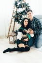 Couple in love sitting near Christmas tree and playing with cat at home Royalty Free Stock Photo