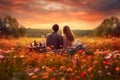 Couple in love sitting on a plaid in a field of daisies generative AI