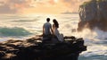 Couple in love sitting on a rock at the ocean - people photography