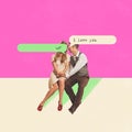 Contemporary art collage. Couple in love sitting and talking. Retro, vintage style. Minimalism. Old-fashioned and modern