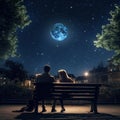 A couple in love is sitting together at night enjoying the view of the night sky. Royalty Free Stock Photo