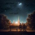 A couple in love is sitting together at night enjoying the view of the night sky. Royalty Free Stock Photo