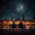 A couple in love is sitting together at night enjoying the view of the night sky. Royalty Free Stock Photo