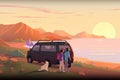 Couple in love with small dog hugging while standing near wheel caravan rv van road trip experience