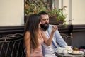 couple in love spend time in outdoor cafe on romantic date, love Royalty Free Stock Photo