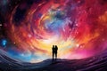 Couple in love standing on the edge of the ocean. Space background