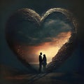 A couple in love standing in the middle of a heart with a sunset view. Heart as a symbol of affection ove