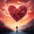 Couple in love standing in the middle of the river in front of a large heart made of small balloons of red hearts, sunset. Heart Royalty Free Stock Photo