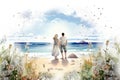 Couple in love standing on shore of endless sea. Gentle and romantic illustration. Concept of Valentine's Day