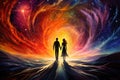 Couple in love standing in surrealistic fantasy landscape. Generative AI