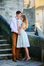 Couple in love strolling around an old castle Royalty Free Stock Photo