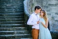 Couple in love strolling around an old castle Royalty Free Stock Photo