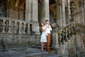 Couple in love strolling around an old castle Royalty Free Stock Photo