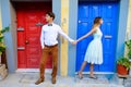 Couple in love strolling around an old castle Royalty Free Stock Photo