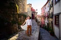 Couple in love strolling around an old castle Royalty Free Stock Photo