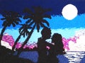 Couple in love on sunset with blue and pink background