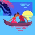 Couple in Love Swims on Purple Canoe and Kisses