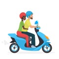 Couple in love together on scooter. Young happy pair, white man and african american woman riding a motorbike. Trendy Royalty Free Stock Photo